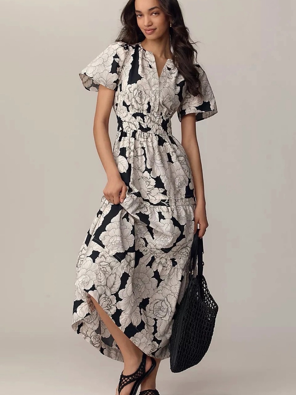 Anthropologie Black and Cream Floral Maxi Dress with V-Neck